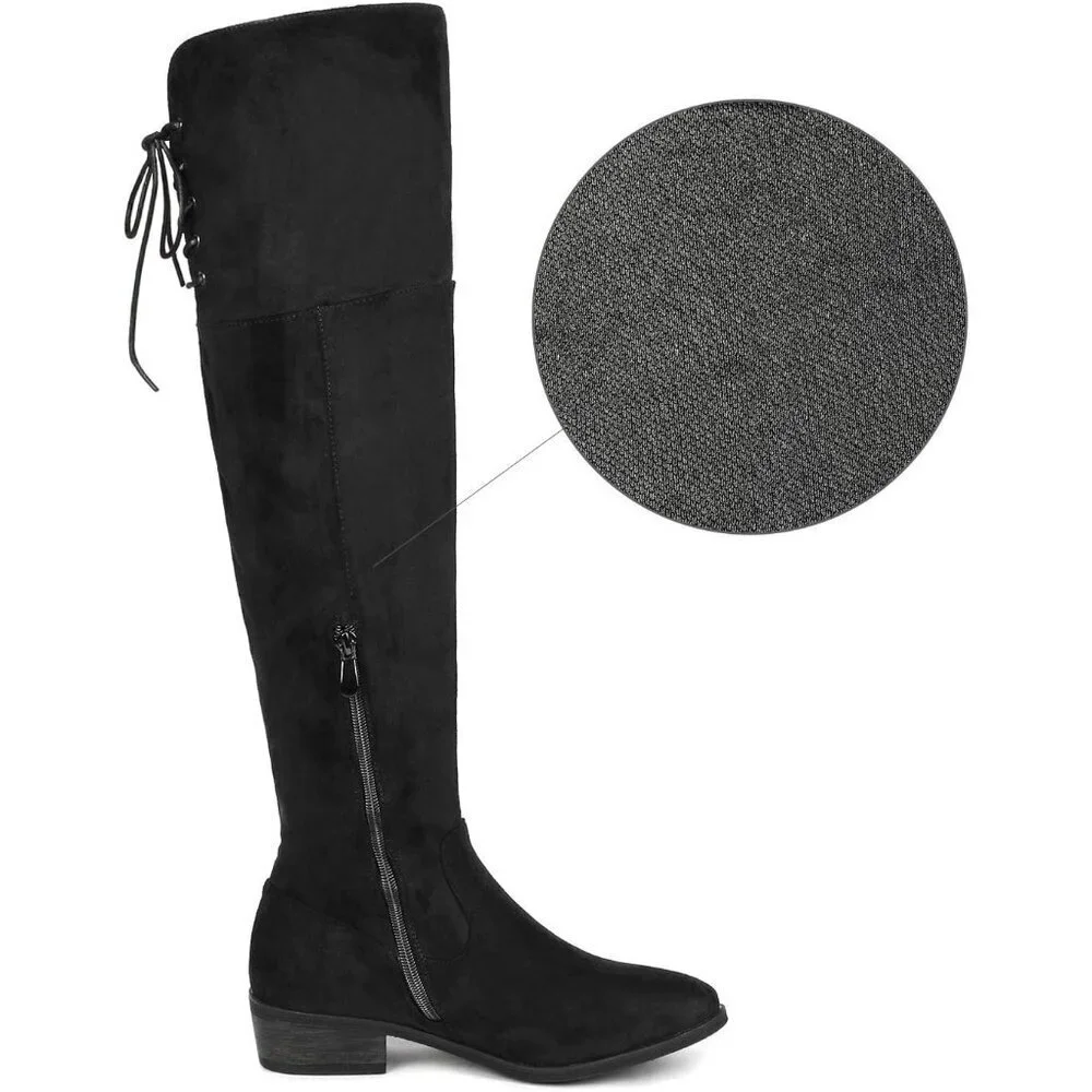 Women's Black Textile Over The Knee High Low Block Heel Pointed Toe Riding Boots